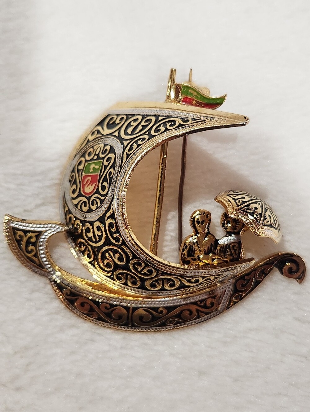 Vintage Spanish Damascene Sailing Boat Brooch Pin